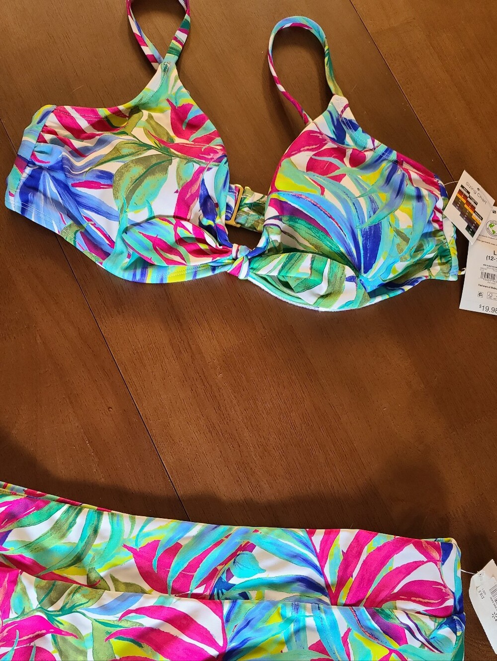 2-Piece Tropical Print Bikini Top & Matching Swim Bottom - Time And Tru - Large